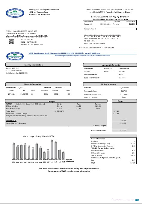 USA California Las Virgenes Municipal Water District business utility bill template in Word and PDF formats